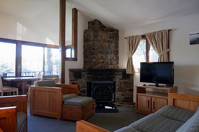 A rustic cabin living room with a vaulted ceiling, natural wood furniture, a large stone fireplace, and a sliding door to an outdoor deck.