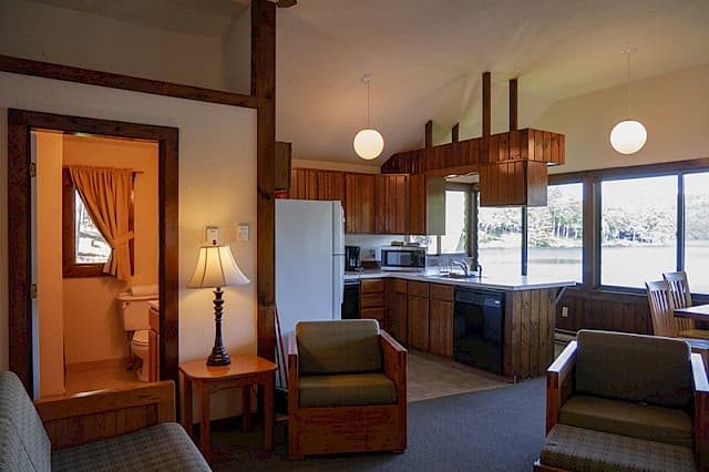 An open-plan cabin interior with a vaulted ceiling, featuring a kitchen area with wood cabinets and a living area with a view of the outdoors.