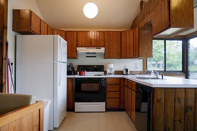 A cabin kitchen with a vaulted ceiling, wood paneling and cabinets, a white fridge, black stove, and a single globe pendant light.