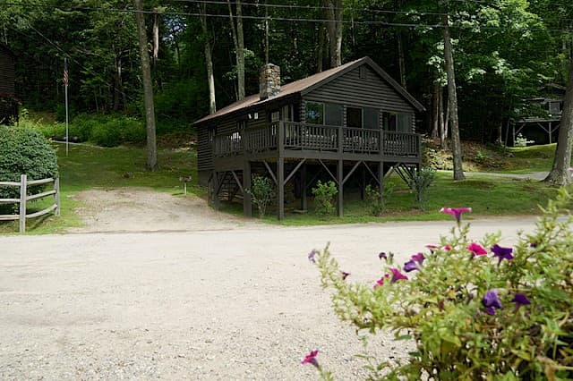 A dark brown elevated cabin with a screened-in porch nestled in the woods, with a sandy area in the foreground.