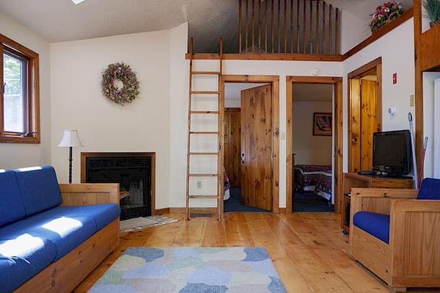 A bright cabin living area with a vaulted ceiling, hardwood floors, a blue futon, a small fireplace, and a ladder leading to a loft.
