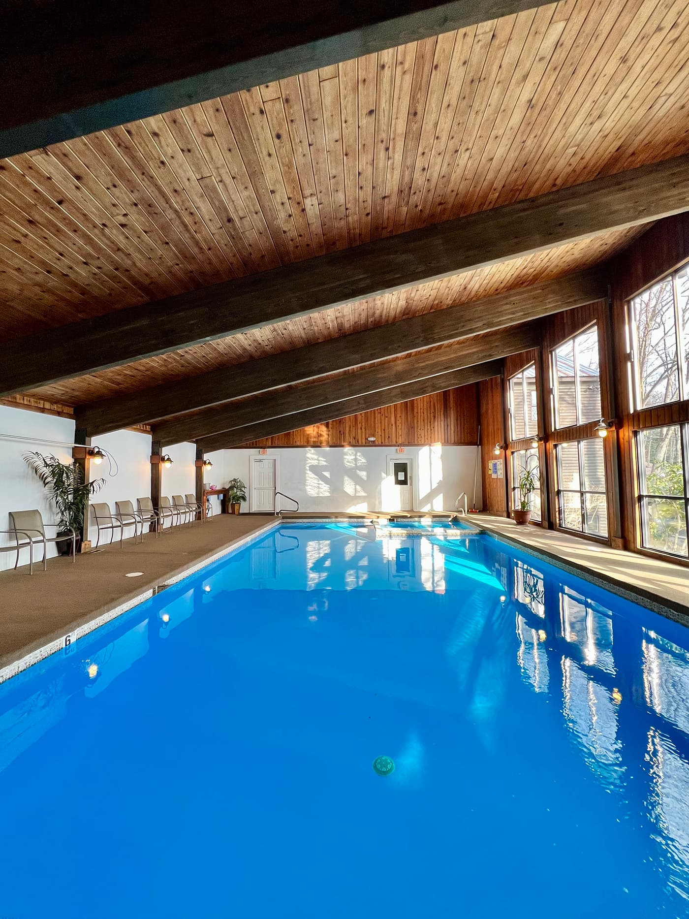 Indoor swimming pool with wooden beams and large windows, illuminated by natural light.